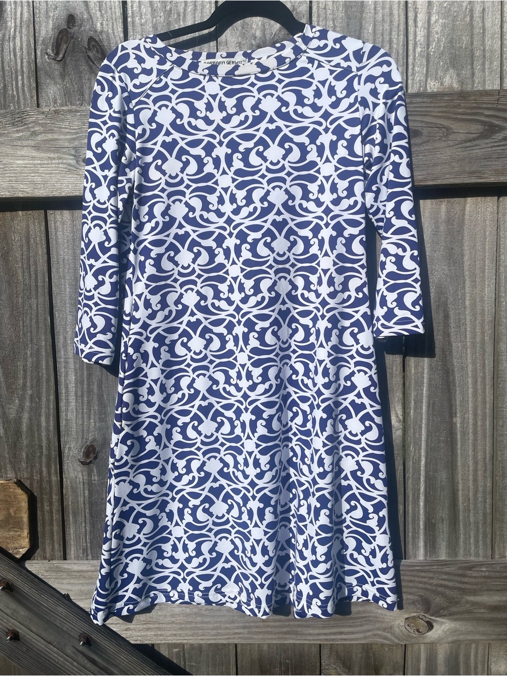 Barbara Gerwit Blue & White Scroll-Print Long Sleeve A-Line Dress Sz XS